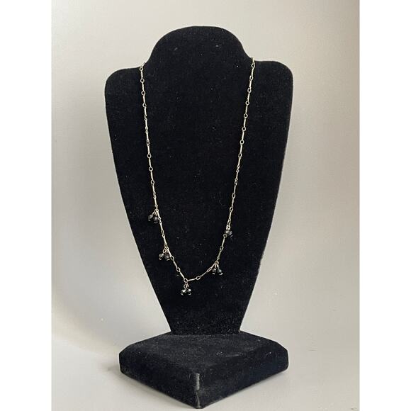 Vintage Dainty Bone Chain Black Beaded Silver Necklace - Picture 1 of 6